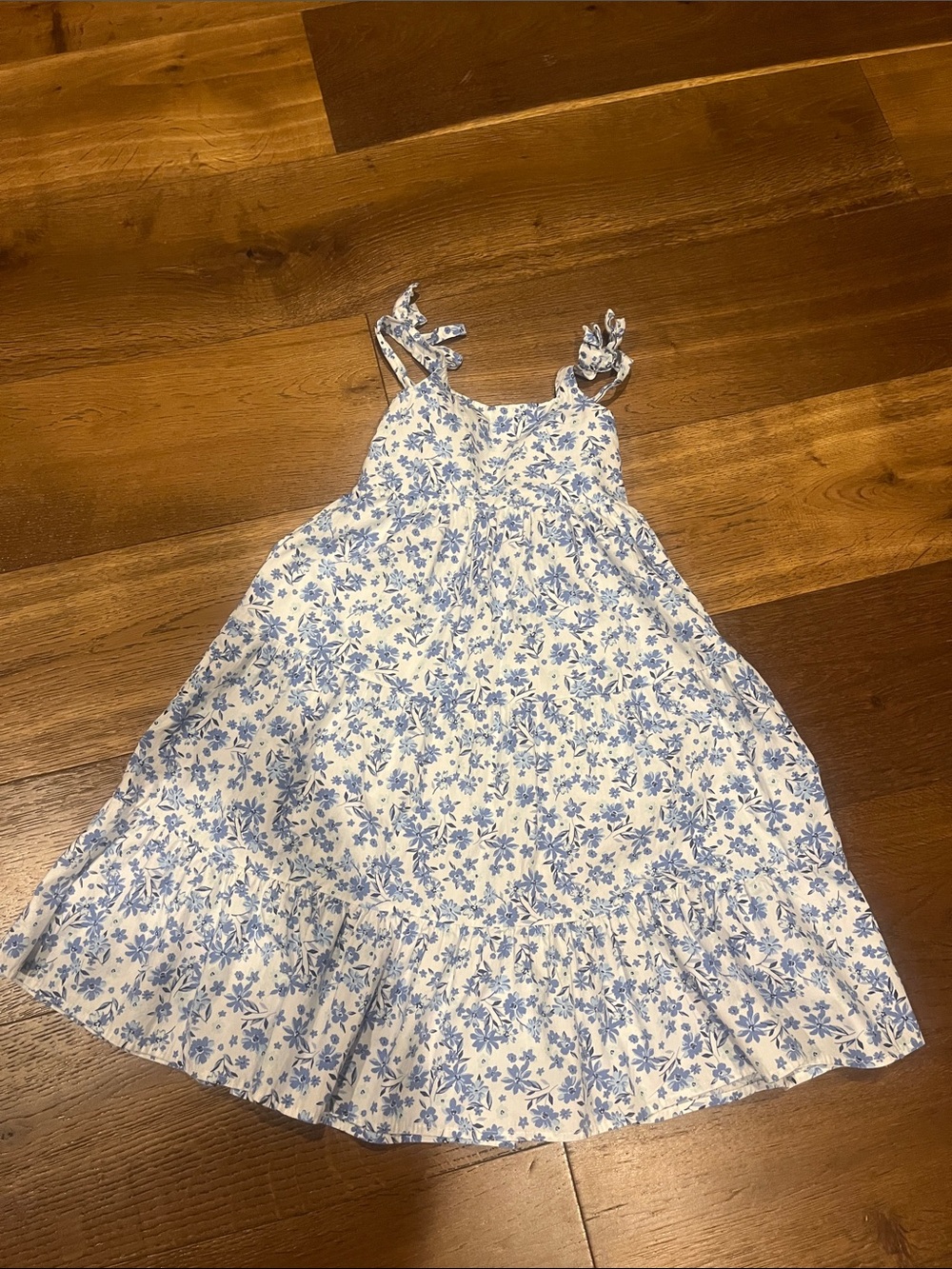 btween White Sundress with Blue Floral Print and Tie Straps
